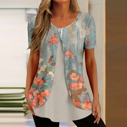 🌸【S-5XL】Elegantna bluza 2 u 1 s cvjetnim printom – široki kroj koji skriva trbuh i vitkije oblikuje figuru