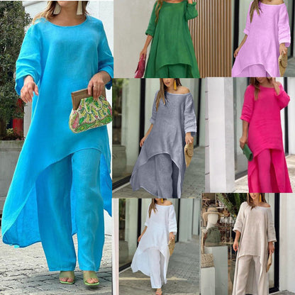 50% sleva ✨【S-3XL】👚👖 Souprava topu s dlouhým rukávem nepravidelného tvaru a stylových kalhot rovného střihu, ležérní a elegantní