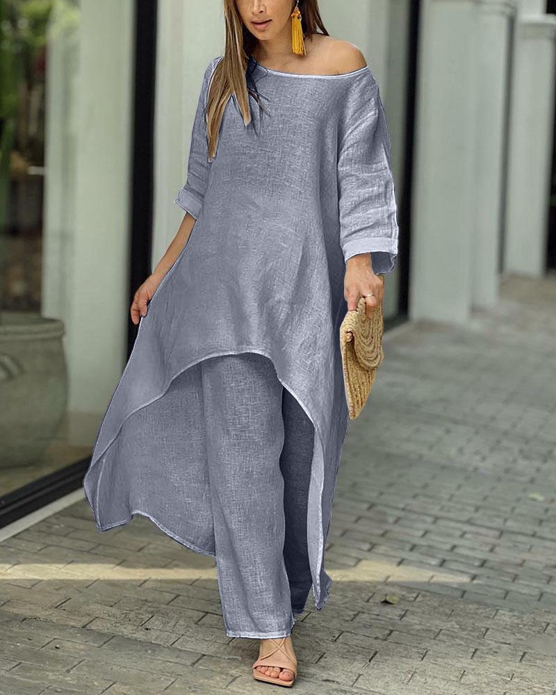 50% sleva ✨【S-3XL】👚👖 Souprava topu s dlouhým rukávem nepravidelného tvaru a stylových kalhot rovného střihu, ležérní a elegantní