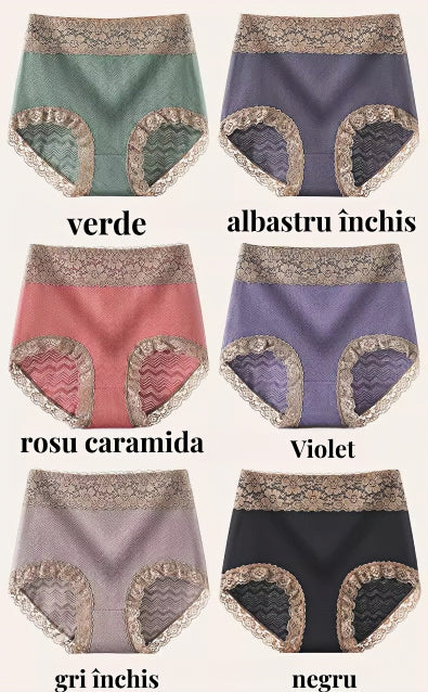 【pachet de 6】Lenjerie de corp pentru femei, din bumbac pur, cu talie înaltă, moale și confortabilă, cu ornamente din dantelă-3856586