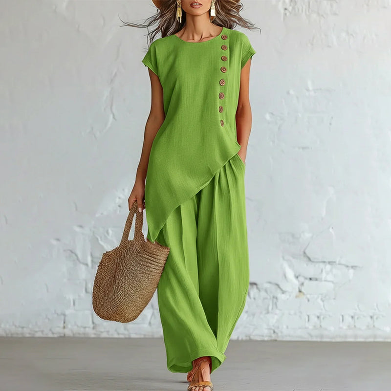 ✨Ležeran ljetni set s asimetričnim dizajnom i bočnim gumbima, topom bez rukava i širokim hlačama, boho-chic stil