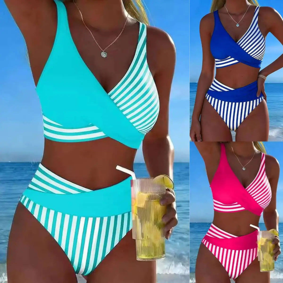 【40-100 kg】Dvojdielne bikiny s farebnou potlačou blokov a pruhov