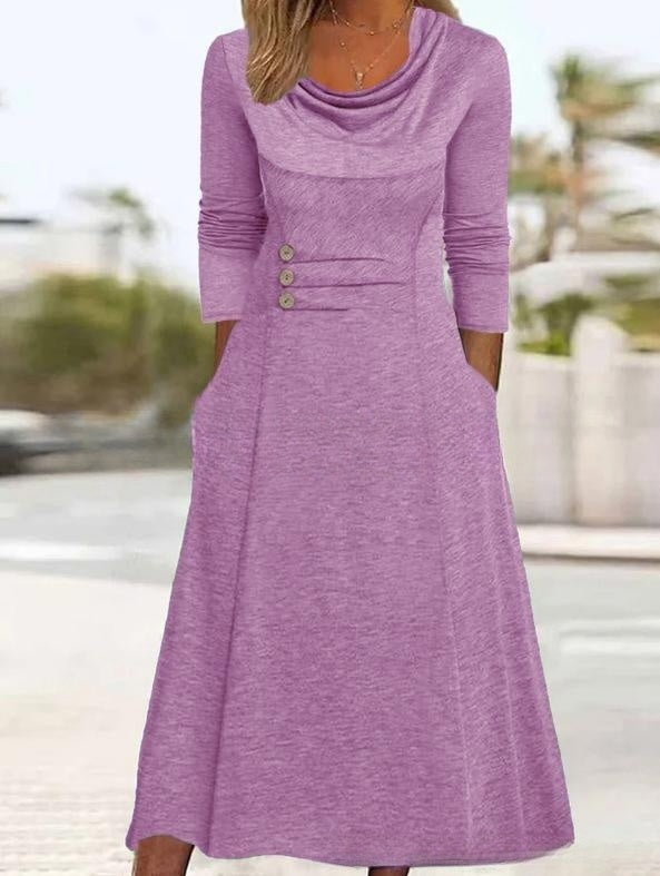 🔥【Vânzare fierbinte】【S-3XL】2025 rochie nouă cu gât rotund de culoare solidă, cu buzunare-3867024