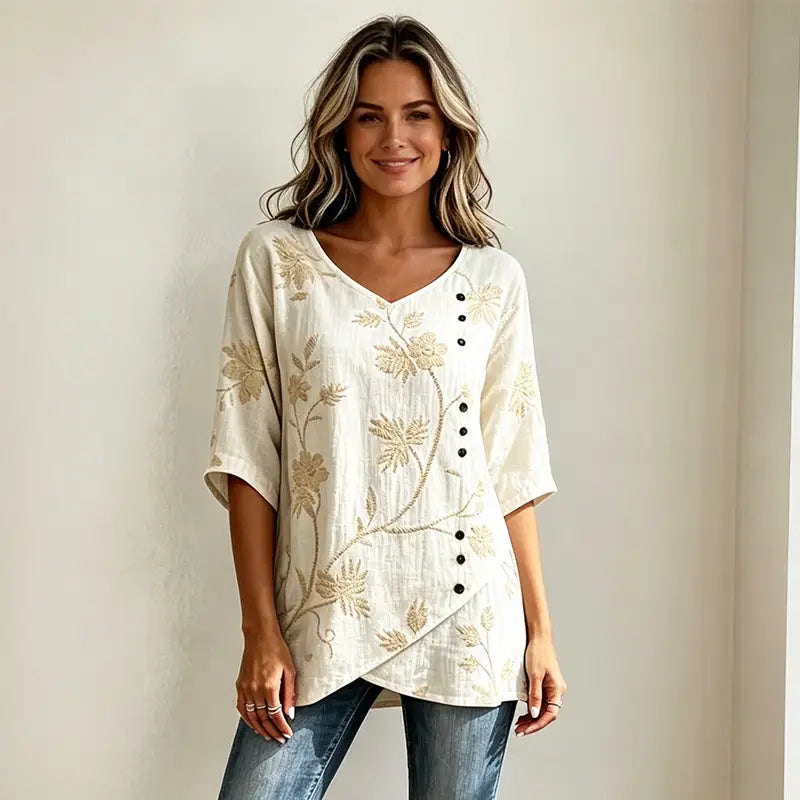 Vintage bluza od lana i pamuka s cvjetnim vezom, V-izrezom i asimetričnim dizajnom gumba, prozračan i mekan materijal, elegantan retro stil