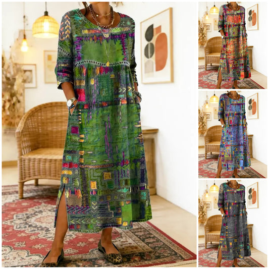 💟【S-5XL】Ženska haljina od čistog pamuka, etnički print, patchwork, čipkasti obrub