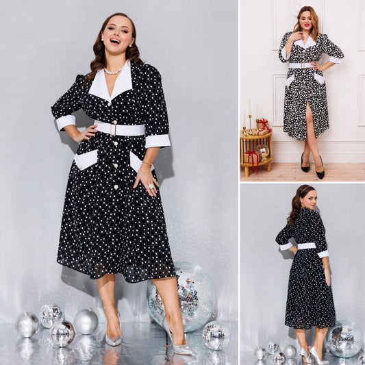 【👗Ofertă specială pentru produse noi】【S-5XL】Rochie elegantă și la modă cu buline alb-negru, model nou 2025--3896951