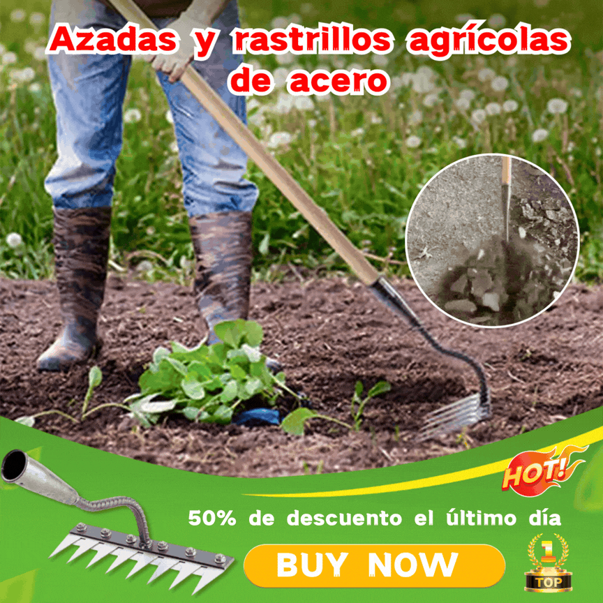 💥【50% popusta】 ⛏️🌱Artefacto de deshierbe con azada para excavar en agricultura, cultivo de hortalizas, herramienta para aflojar el suelo, rastrillo de acero feroz, rastrillo de clavos
