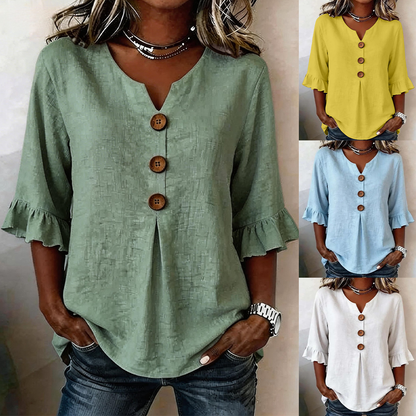 🌟🌟【S-3XL】Camiseta de mujer cómoda y transpirable con mangas abullonadas y diseño de cuello en V con botones.