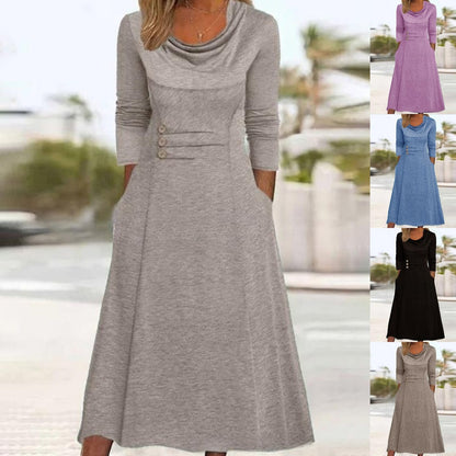 🔥【Vânzare fierbinte】【S-3XL】2025 rochie nouă cu gât rotund de culoare solidă, cu buzunare-3867024