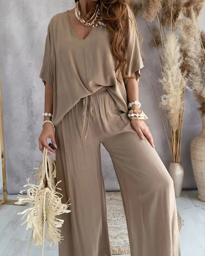 💕🥰50% popusta! 【S-3XL】V izrez kratki rukav + široke hlače set, izbor kroja