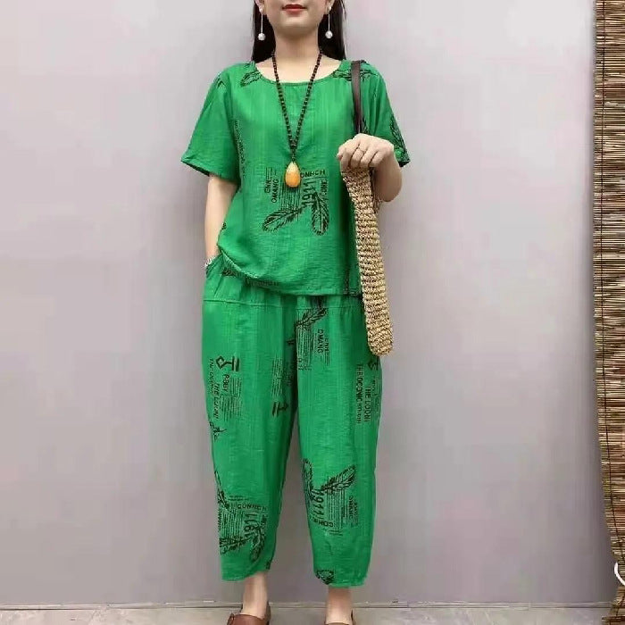 🔥【Top + Pantaloni】🔥Costum de femeie cu mânecă scurtă, stil nou 2025, lejer, pentru femei de vârstă mijlocie și în vârstă