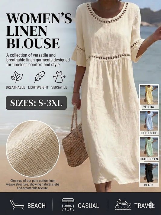 Nuevo 💎 2026 de alta calidad 💎 【S-3XL】 Vestido de algodón y lino para mujer con mangas abullonadas; transpirable, suave y cómodo.