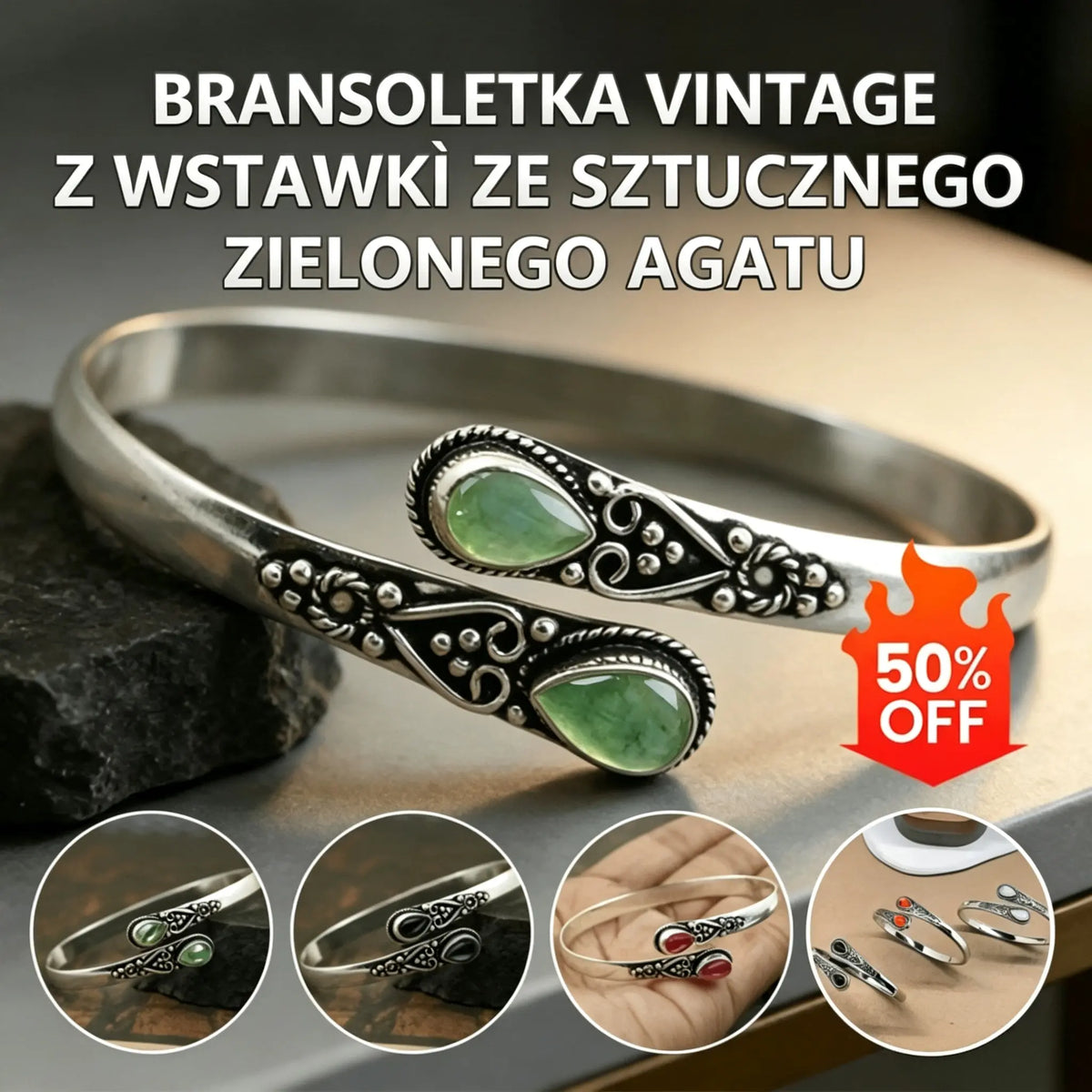🔥✨Elegantna vintage ženska narukvica S925, srebrna sa zelenim agatom