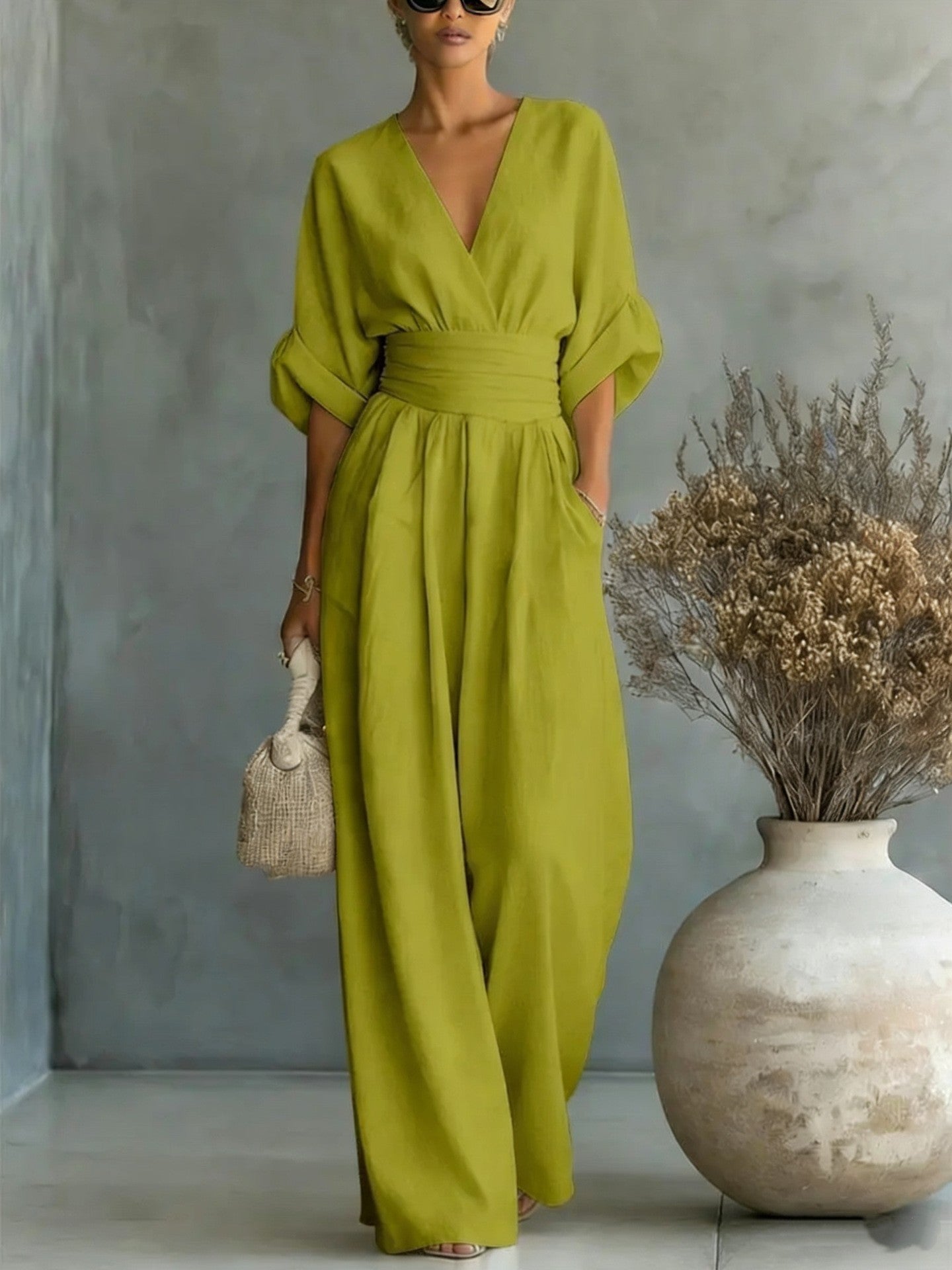 🌿【S-5XL】 Elegantni kombinezon od prirodne tkanine - naglašava struk i skriva nedostatke