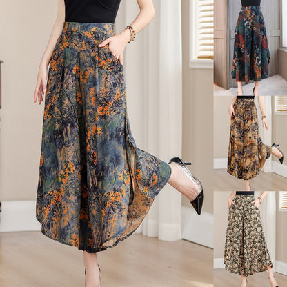 🔥【Fusta de înaltă calitate】【40-120kg】🌻vara noua marime mare imprimata talie inalta pantaloni largi cu picioare late