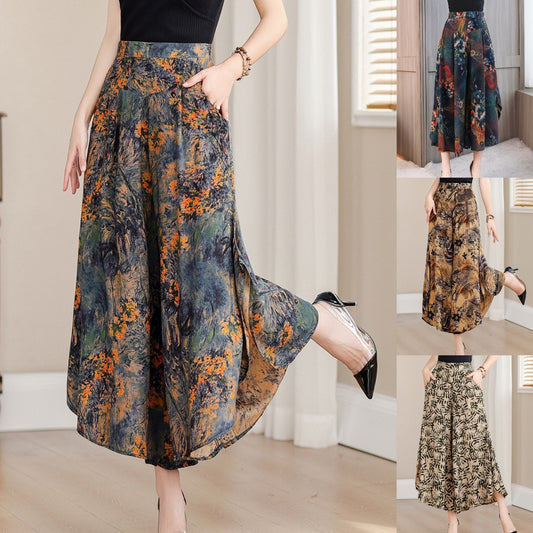 🔥【Fusta de înaltă calitate】【40-120kg】🌻vara noua marime mare imprimata talie inalta pantaloni largi cu picioare late