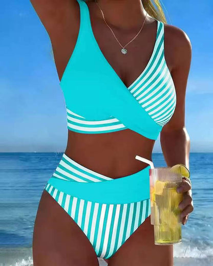 【40-100 kg】Dvojdielne bikiny s farebnou potlačou blokov a pruhov