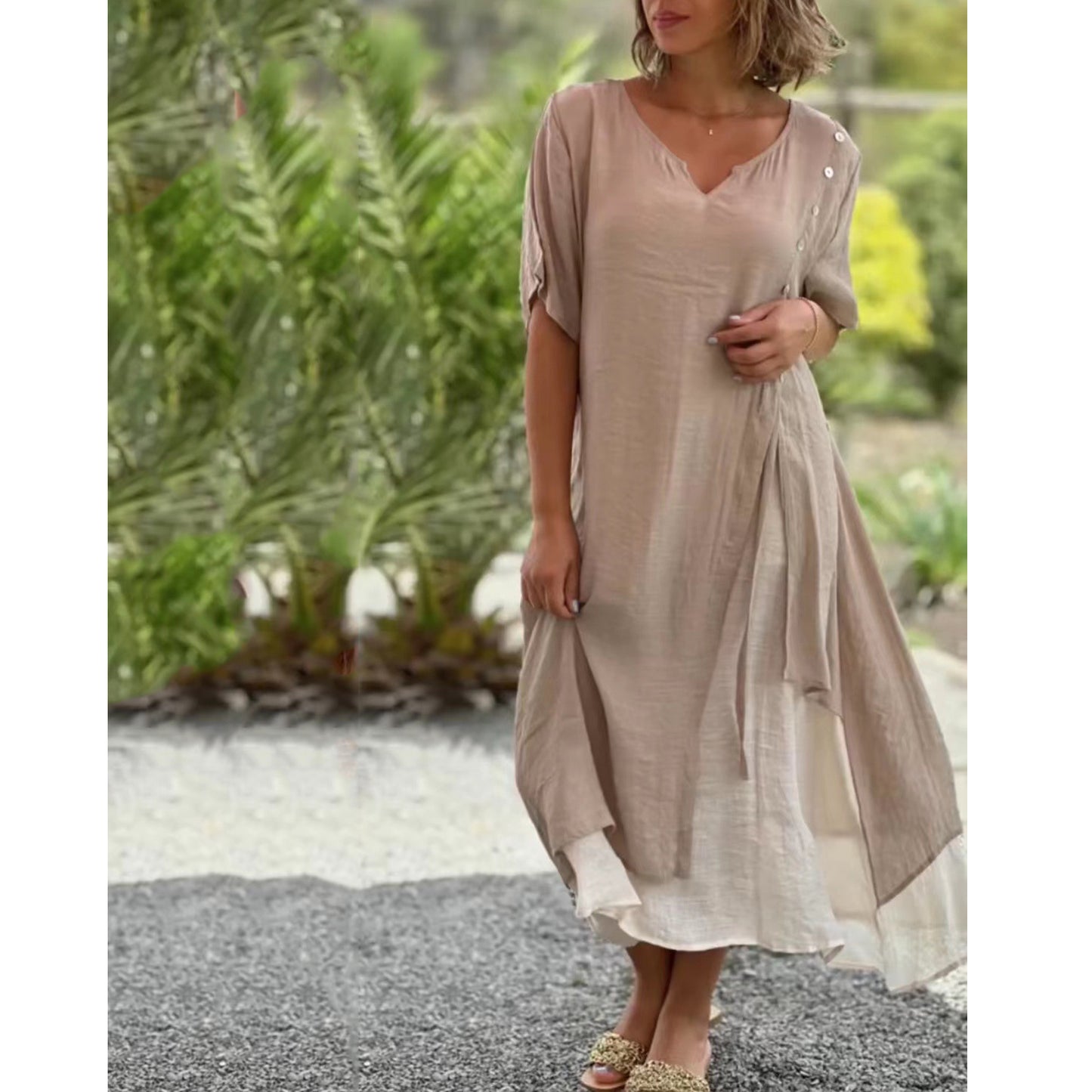 👗💖Vremenski ograničena promocija😍【S-4XL】✨Nova proljetno/ljetna dvodijelna asimetrična haljina za 2026. godinu, V-izrez s kratkim rukavima.