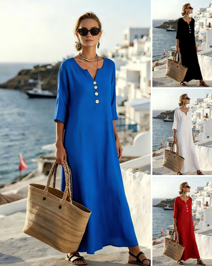 💗Vremenski ograničena ponuda【S-3XL】👗Ženska haljina od pamuka i lana, puf rukavi, dizajn s gumbima