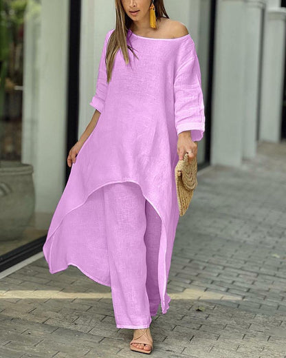 50% sleva ✨【S-3XL】👚👖 Souprava topu s dlouhým rukávem nepravidelného tvaru a stylových kalhot rovného střihu, ležérní a elegantní