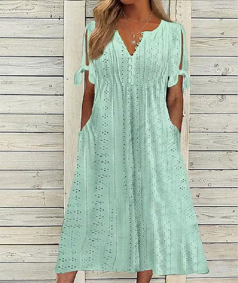 💞【S-3XL】Rochie la modă, lejeră, brodata cu talie înaltă, de culoare uni-3975670