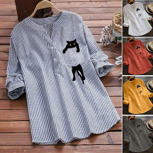 ✨🔥【Nou de primăvară】【S-3XL】 Cămașă din bumbac cu decolteu în V, cu mânecă lungă, cu imprimeu de pisici, noua modă de primăvară 2025-