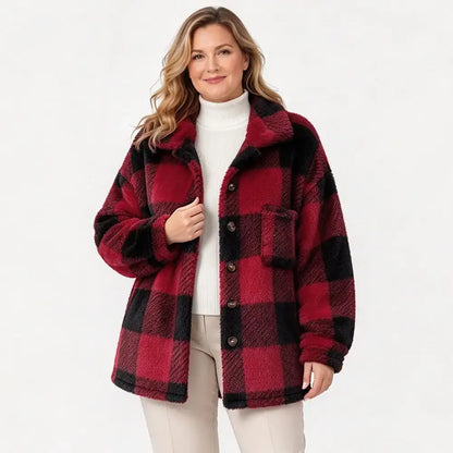 🧥【S-5XL】Ženski plišani karirani kaput, debeli materijal od umjetnog krzna, široki kroj, topla jesensko/zimska jakna🥰