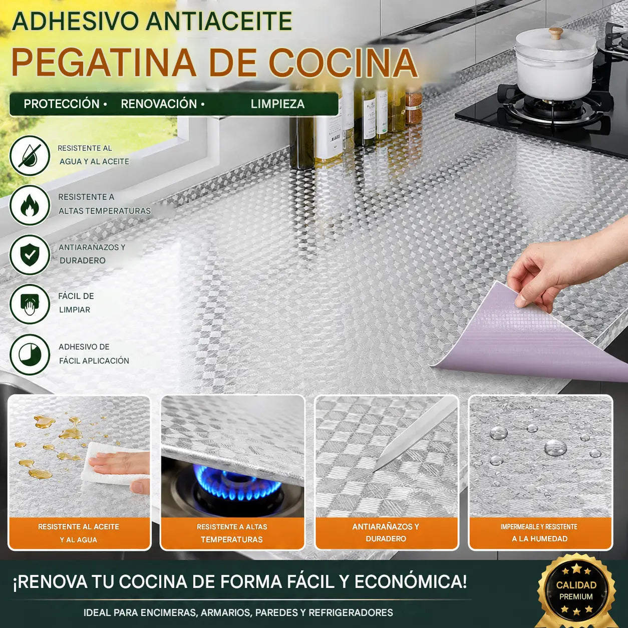 【60cm*5m】🛡️ Lámina Adhesiva de Aluminio Removible – Antigrasa, Resistente al Calor y Fácil de Limpiar