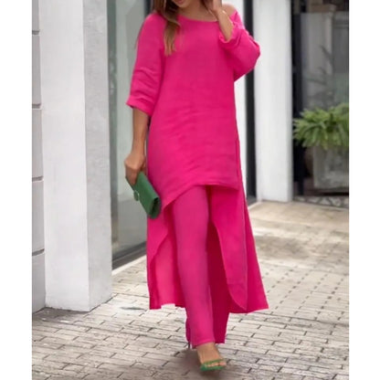 50% sleva ✨【S-3XL】👚👖 Souprava topu s dlouhým rukávem nepravidelného tvaru a stylových kalhot rovného střihu, ležérní a elegantní