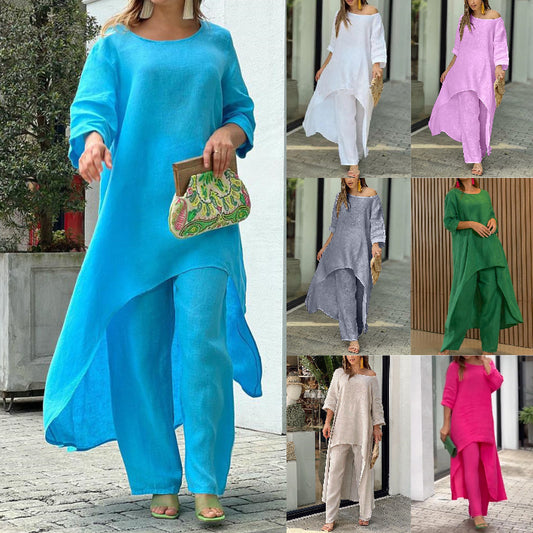 50% sleva ✨【S-3XL】👚👖 Souprava topu s dlouhým rukávem nepravidelného tvaru a stylových kalhot rovného střihu, ležérní a elegantní