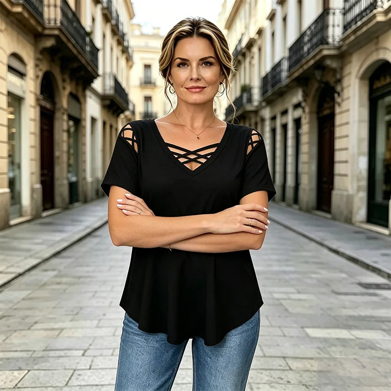 【Najniža cijena ograničenog trajanja】👚 Majica kratkih rukava od 100% pamuka s V-izrezom, crossover dizajnom, izrezom | Elegantna i prozračna