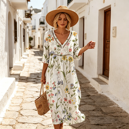 👗【S-3XL】Duga haljina od pamuka i lana s cvjetnim uzorkom u ljetnom stilu, V-izrez