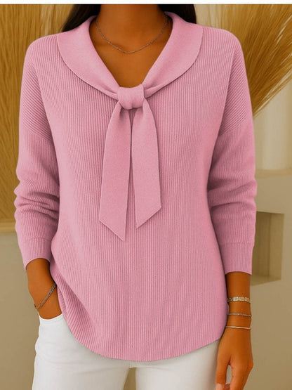 🌺🍁【S~5XL】Suéter de color liso para mujer con lazo y manga larga, libre y suelto 