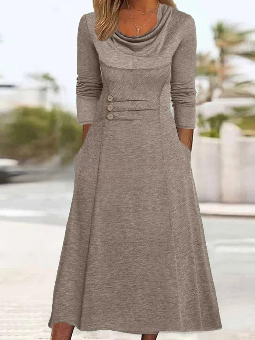 🔥【Vânzare fierbinte】【S-3XL】2025 rochie nouă cu gât rotund de culoare solidă, cu buzunare-3867024