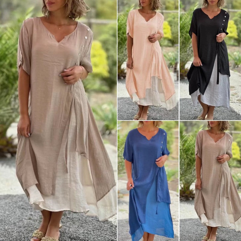 👗💖Vremenski ograničena promocija😍【S-4XL】✨Nova proljetno/ljetna dvodijelna asimetrična haljina za 2026. godinu, V-izrez s kratkim rukavima.