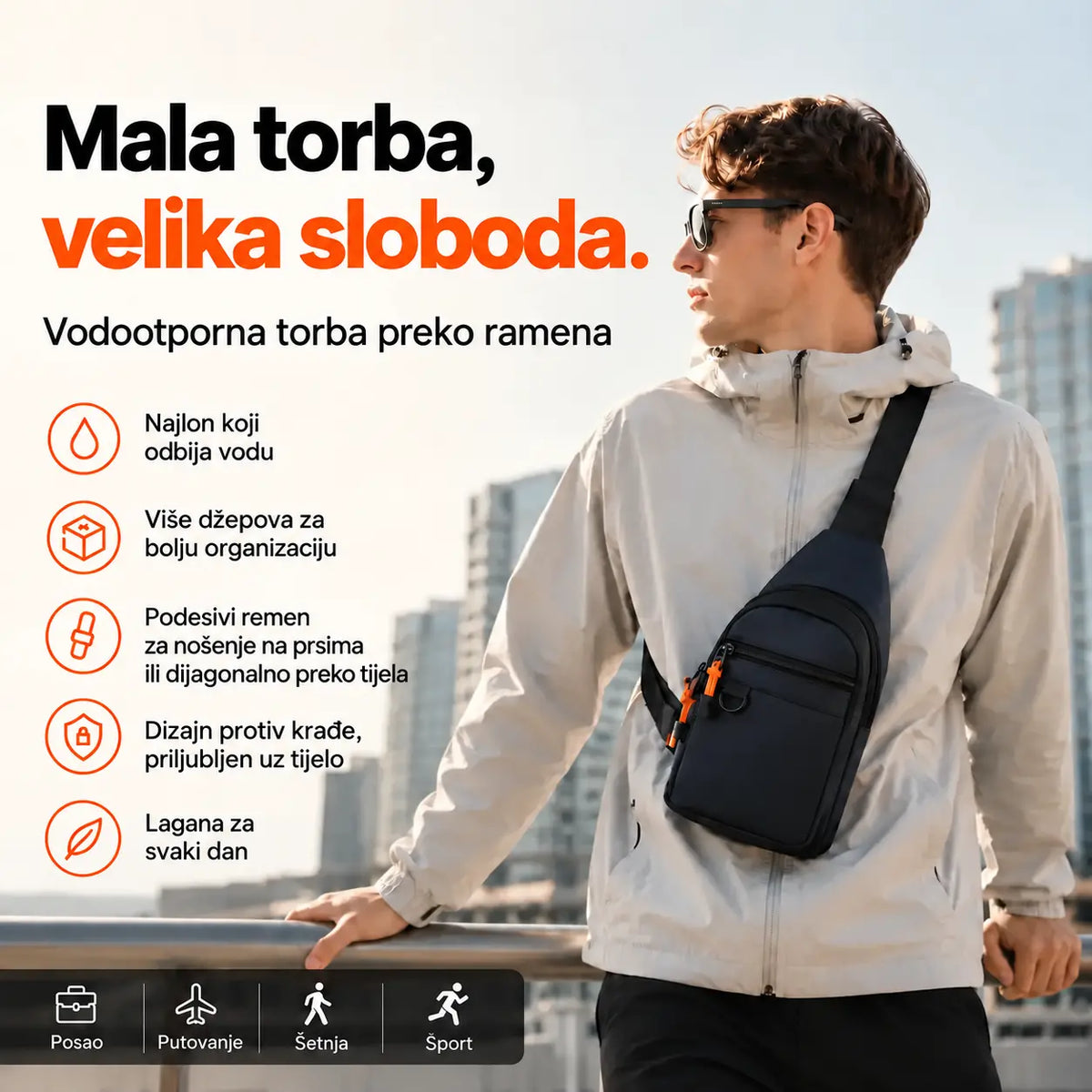 🎒 ✨ Vodootporna torba za nošenje preko tijela s više džepova – organizirano pohranjivanje, podesivi remen i priključak za slušalice