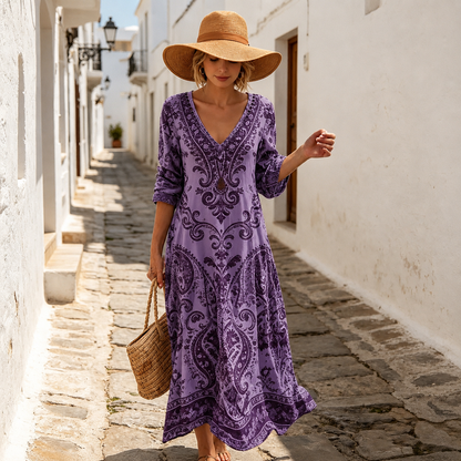 👗[S-5XL] Boemska ljetna ležerna haljina dugih rukava s V-izrezom, pamukom i lanom, s cvjetnim printom