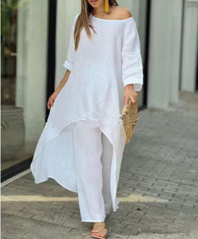 50% sleva ✨【S-3XL】👚👖 Souprava topu s dlouhým rukávem nepravidelného tvaru a stylových kalhot rovného střihu, ležérní a elegantní