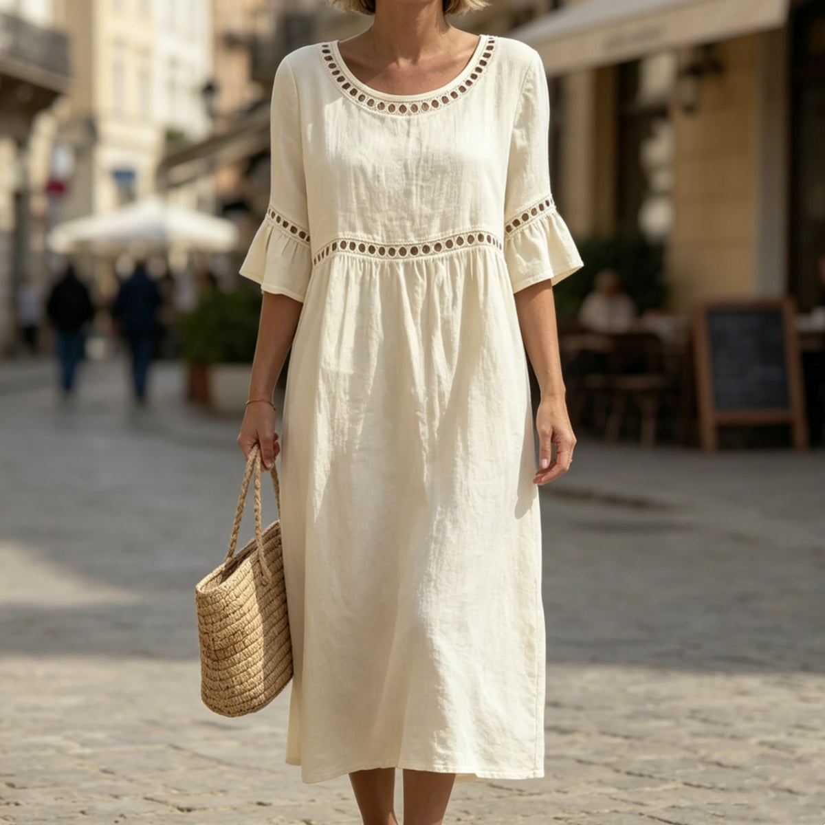 ✨【S–3XL】Dámske bavlnené ľanové šaty slim fit strihom, okrúhly výstrih, nafúknuté rukávy, priedušné a mäkké, pohodlné na nosenie