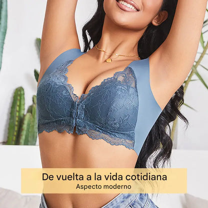 💖Precio más bajo por tiempo limitado【Conjunto de 5 piezas】【40-100KG】😍🩲Sujetador con efecto lifting y precioso encaje en la espalda, talla grande, con corte push-up y cierre frontal