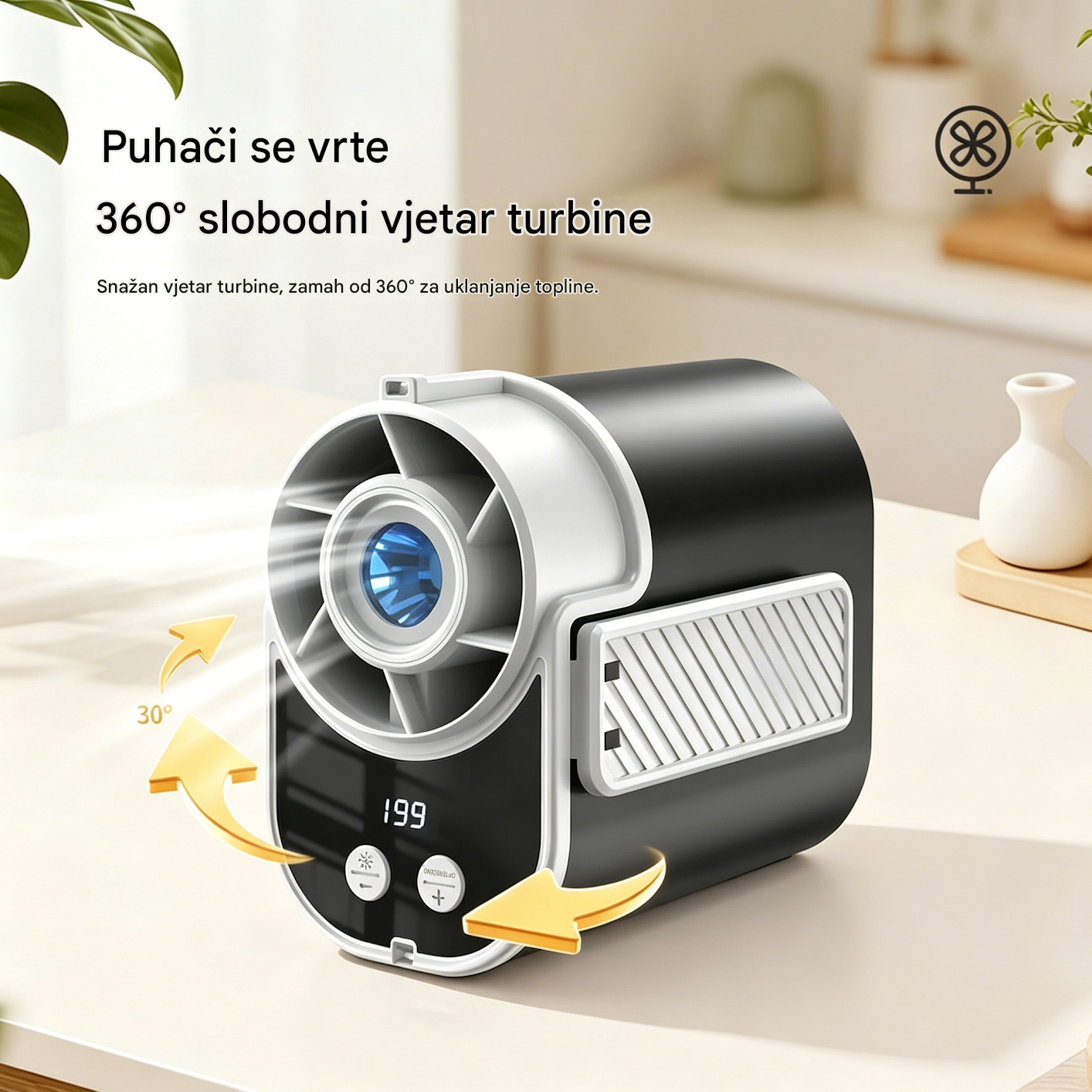 🌀 Ventilator bez upotrebe ruku s LED zaslonom, integriranom kopčom i 199 podesivih razina