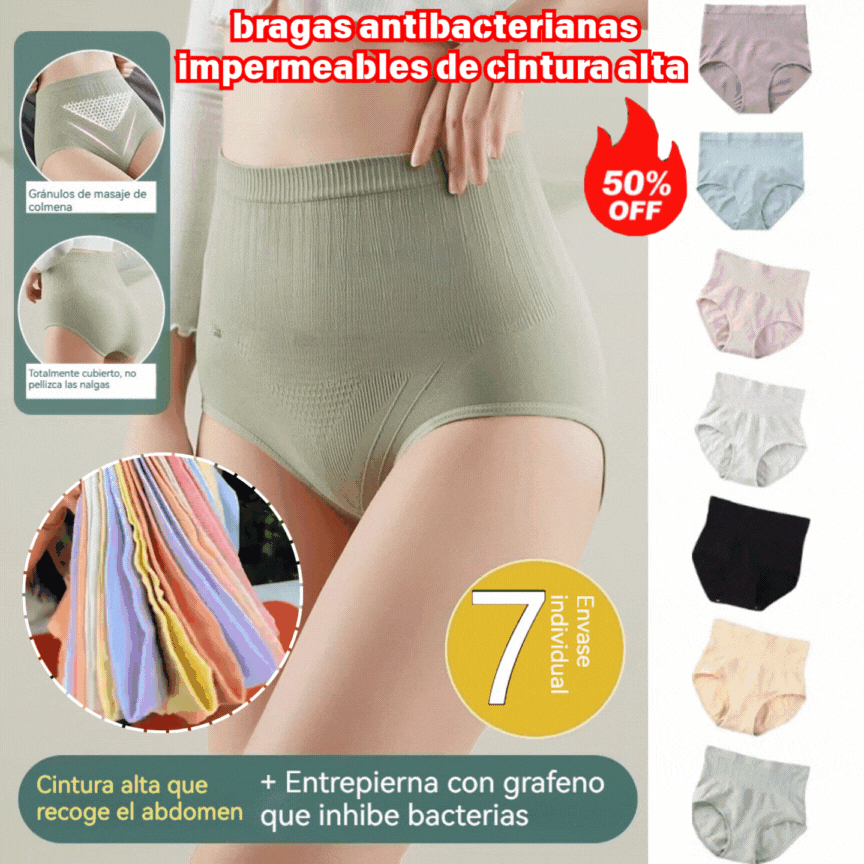 ✨Último día con 50 % de descuento: 🔥7 piezas【M-XL】bragas antibacterianas impermeables de cintura alta