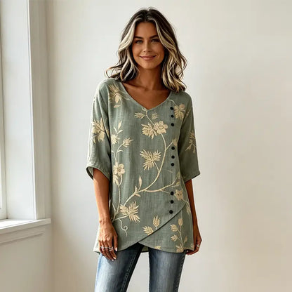 Vintage bluza od lana i pamuka s cvjetnim vezom, V-izrezom i asimetričnim dizajnom gumba, prozračan i mekan materijal, elegantan retro stil