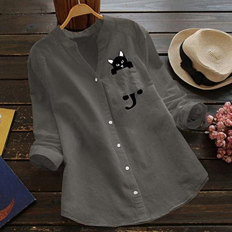 ✨🔥【Nou de primăvară】【S-3XL】 Cămașă din bumbac cu decolteu în V, cu mânecă lungă, cu imprimeu de pisici, noua modă de primăvară 2025-