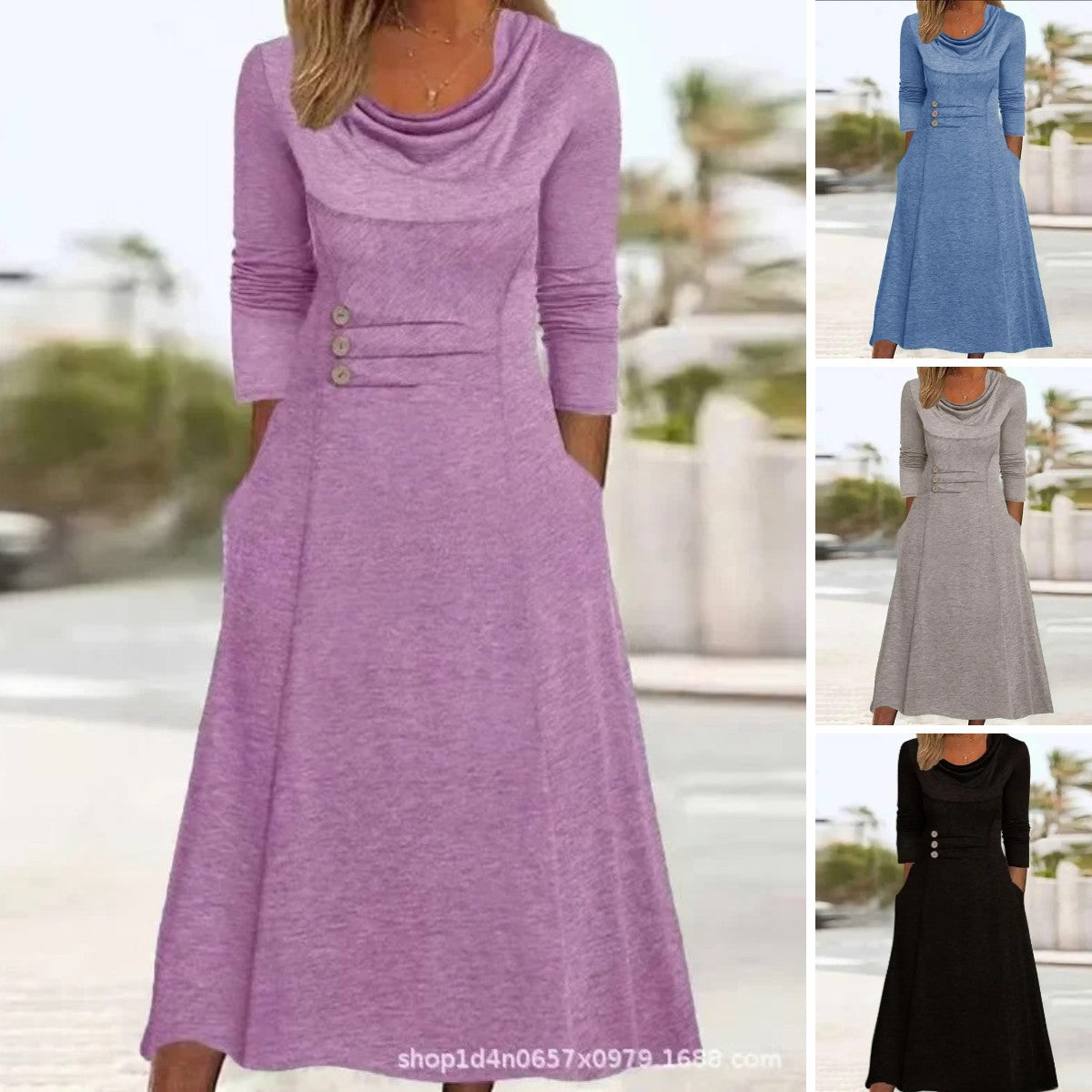 🔥【Vânzare fierbinte】【S-3XL】2025 rochie nouă cu gât rotund de culoare solidă, cu buzunare-3867024
