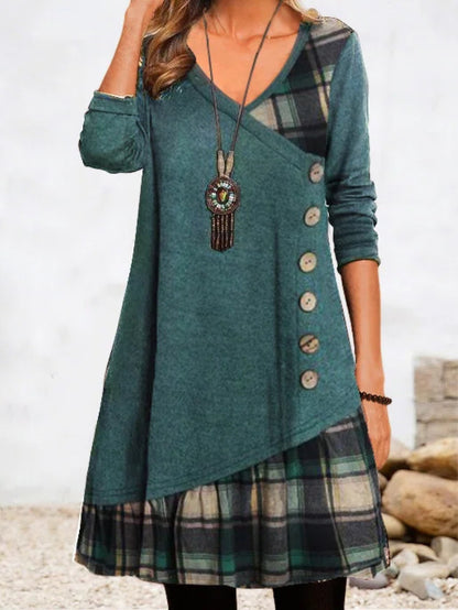 💟【Produse noi de toamnă】👗【S-3XL】 2025 rochie elegantă nouă, cu decolteu în V, în carouri, cu mâneci lungi 3905364
