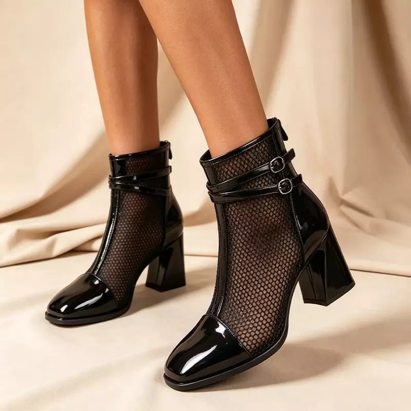 👠【Vremenski ograničeno 50% popusta】【Veličine 35-40】👢✨Elegantne gležnjače u francuskom stilu, izrađene od prekrasne mrežaste i lakirane kože.