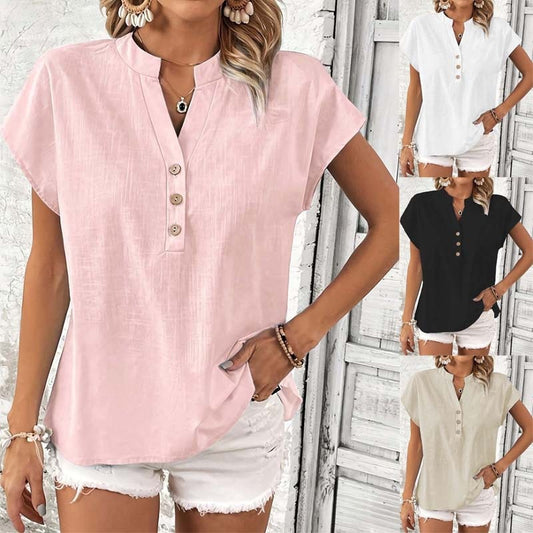🎀💖【Novi dolasci 50% popusta samo 3 dana】👚2026 Nova ženska ležerna košulja kratkih rukava s V-izrezom i kopčanjem na gumbe, pamučno-lanenasti gornji dio u jednoj boji