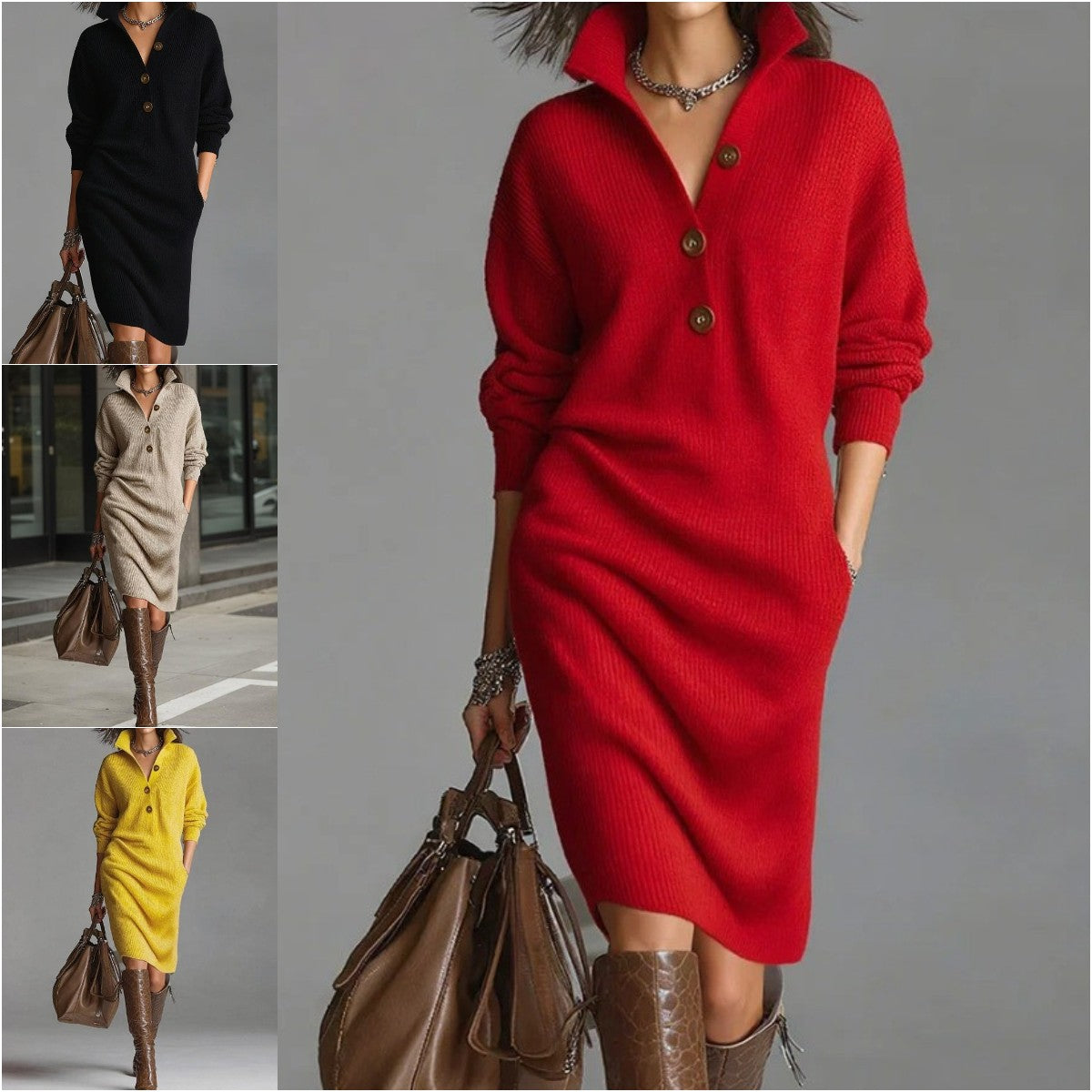 🔥🍁【S-3XL】Nova pletena obleka z ovratnikom v evropskem in ameriškem slogu iz leta 2025.