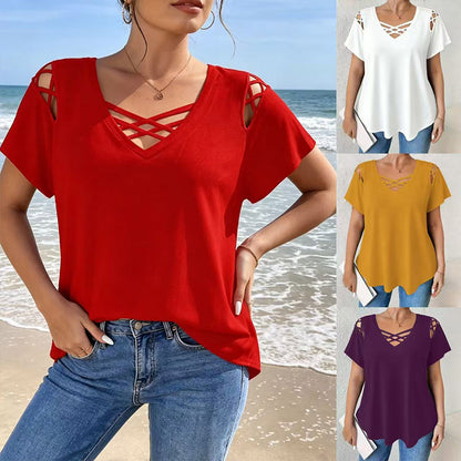 👚 Ljetna majica za žene od 100% pamuka, V-izrez, križni detalji i izrezi na ramenima | moderna i prozračna